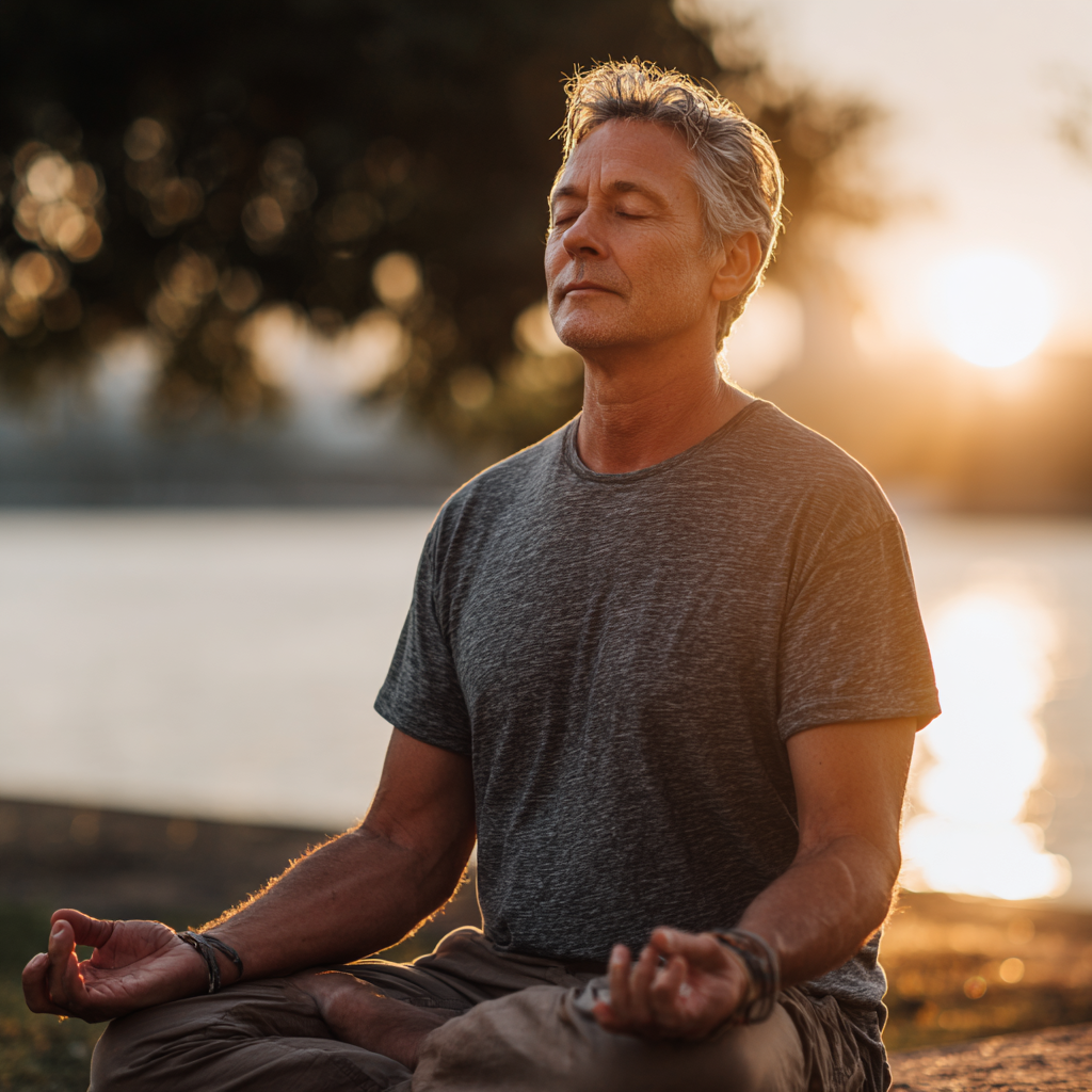 Middle-aged person in peaceful meditation pose representing body-mind connection