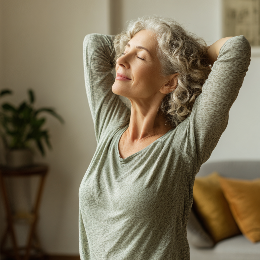 Middle-aged woman doing gentle stretching exercises for improved mobility