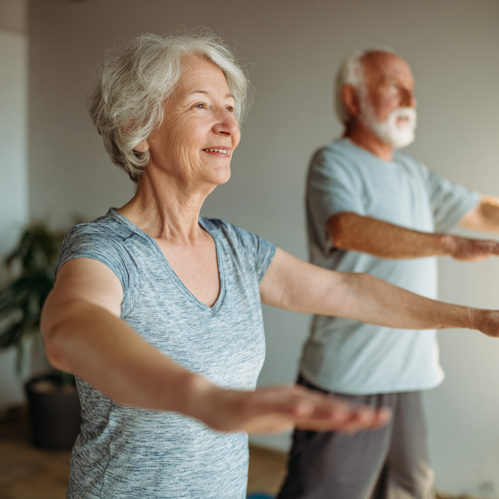Older adults following gentle daily exercise routine for mobility